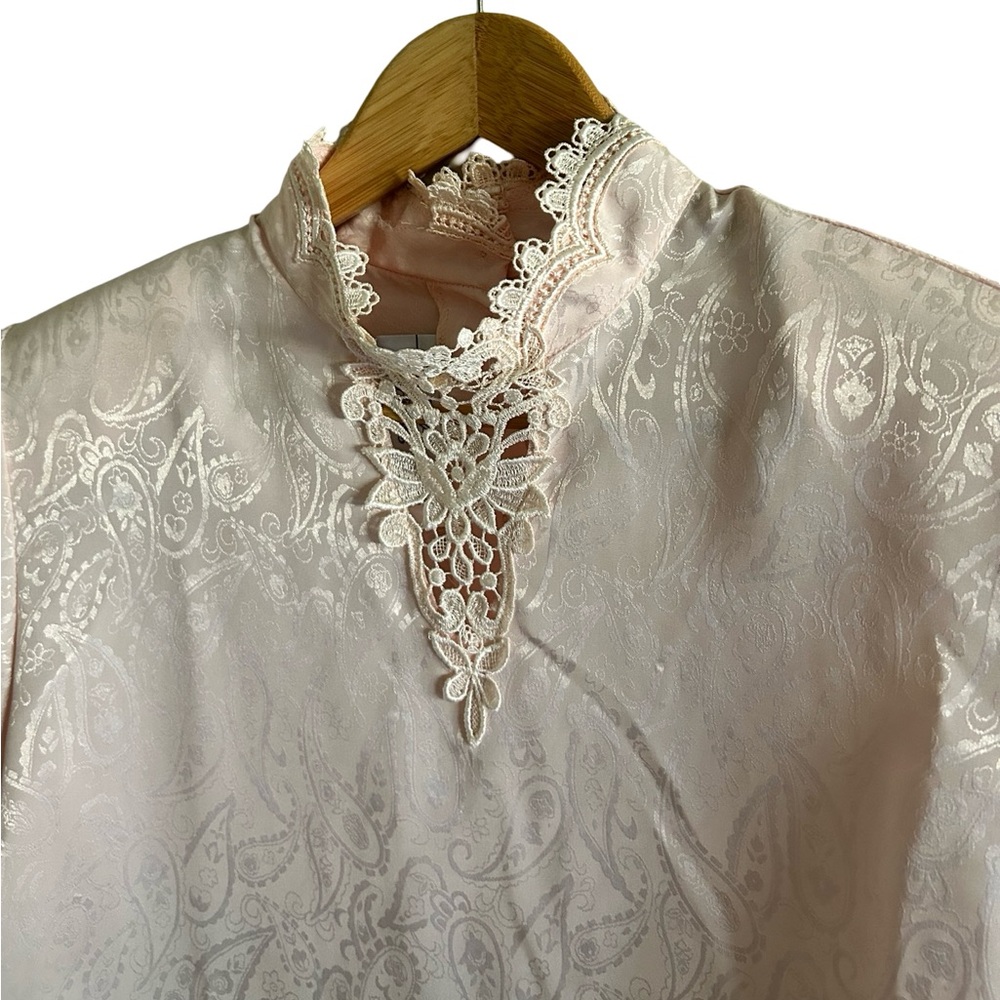 Vtg 1980’s New Edition Pink Silky Secretary Victorian Paisley Lace Blouse Sz 14 - Picture 6 of 10